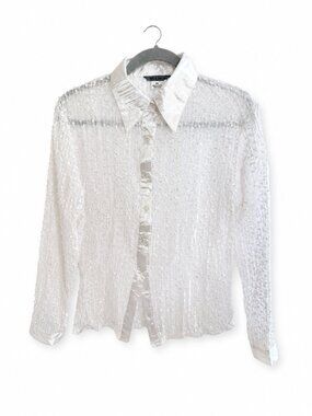 Mia Mia Ivory Vintage sequin-embellish Blouse Satin Collar Button Front Sheer PS